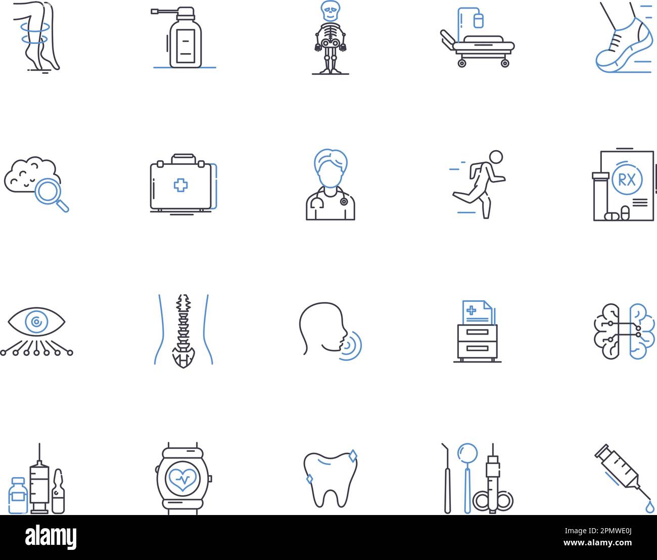 Raccolta icone contorno clinica. Clinica, medica, sanitaria, terapia, medico, Set di concetti di diagnosi, vettore di trattamento e illustrazione. Cura, infermiere Illustrazione Vettoriale