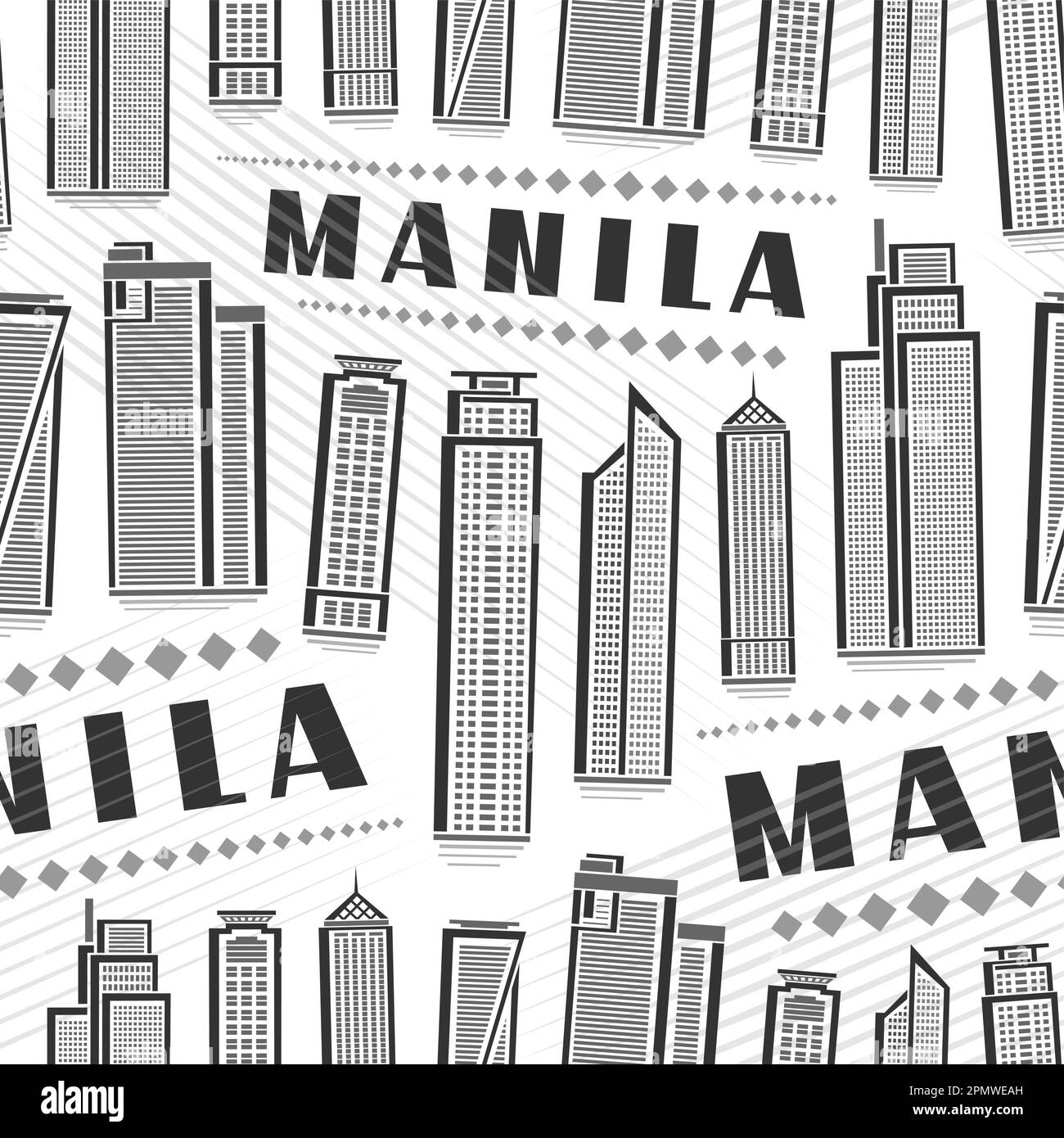 Vector Manila Seamless Pattern, sfondo ripetuto con illustrazione del famoso paesaggio moderno della città di manila su sfondo bianco per carta da imballaggio, monochr Illustrazione Vettoriale