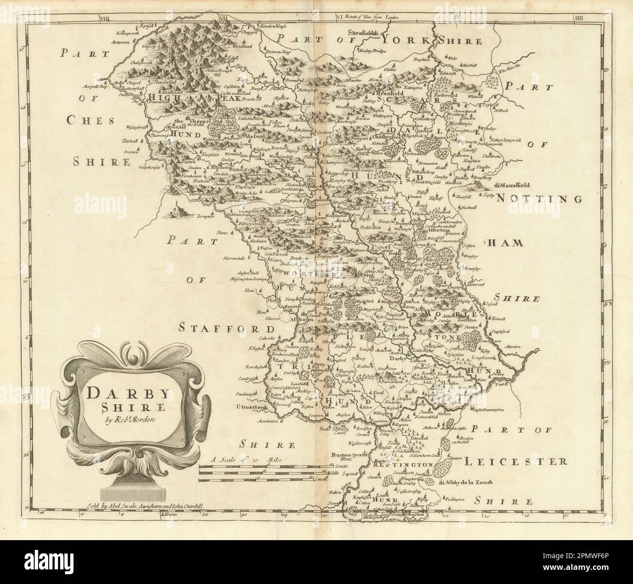 Derbyshire. 'DARBY SHIRE' DI ROBERT MORDEN. Mostra Peak District 1695 vecchia mappa Foto Stock