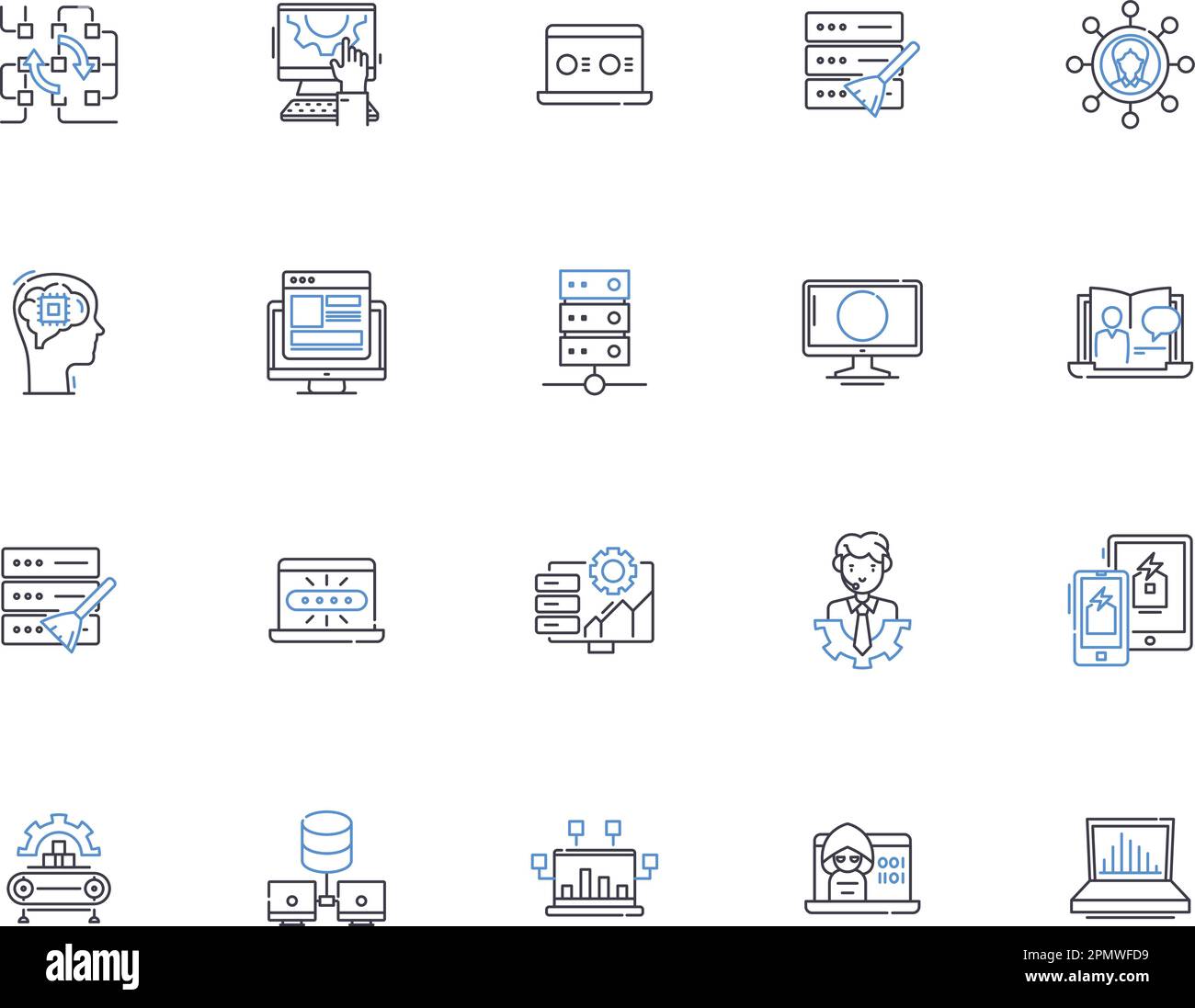 Le icone del server delineano la raccolta di icone. Server, icone, rete, computing, sistema, Computer, vettore cloud e set di concetti di illustrazione. Macchina, dati Illustrazione Vettoriale