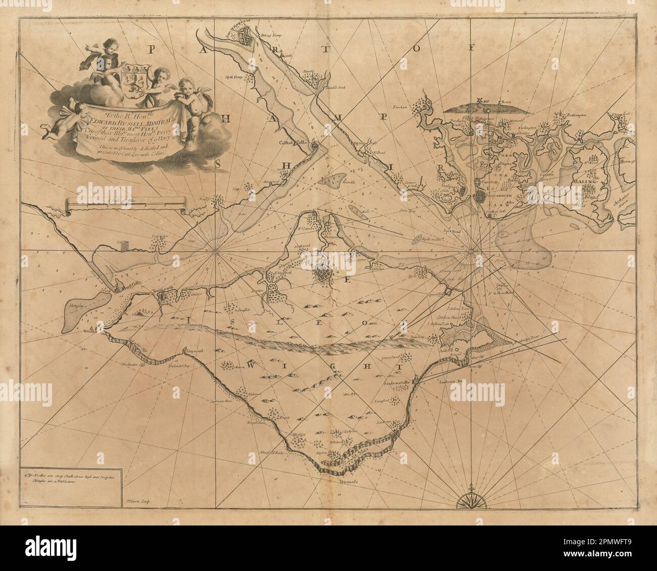 Isola di Wight e Solent. Portsmouth Langstone Harbour Hayling. MAPPA COLLINS 1693 Foto Stock