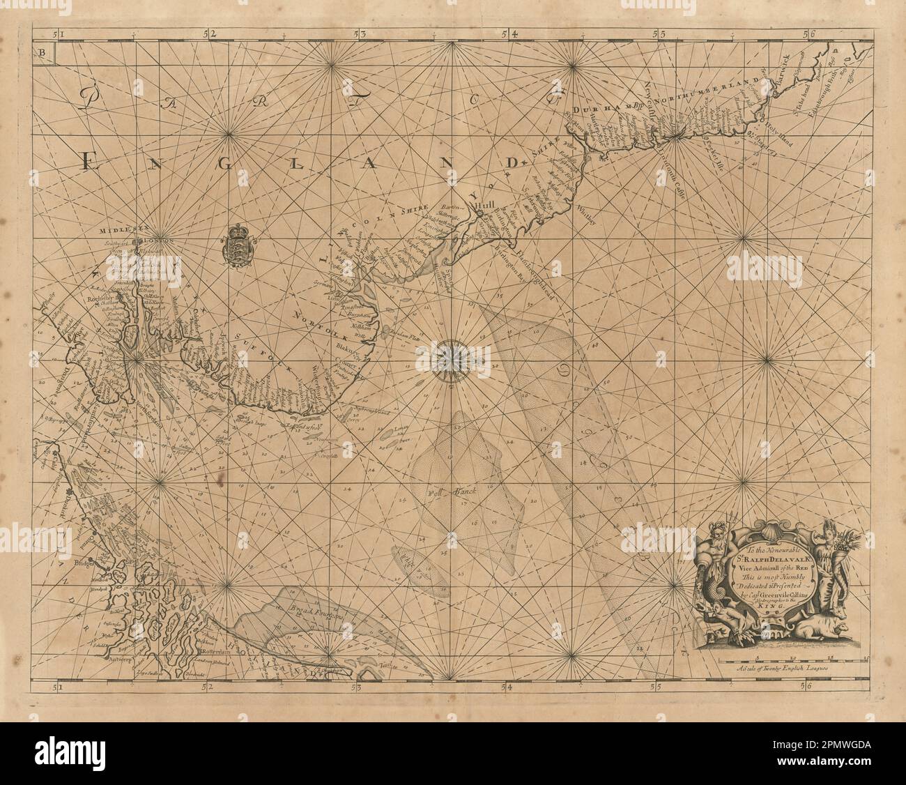 Mappa DELLA costa DEL MARE DEL NORD. Costa orientale dell'Inghilterra Olanda Fiandre. MAPPA COLLINS 1693 Foto Stock