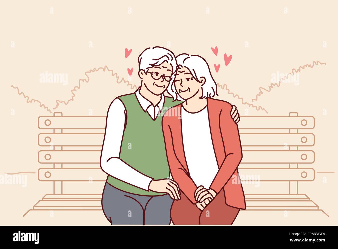 La coppia anziana innamorata si siede sul panca del parco abbracciando e godendo di una felice vita familiare. Rapporto tra l'uomo anziano e la donna innamorati seduti abbracciando e divertendosi dalla pensione. Illustrazione Vettoriale