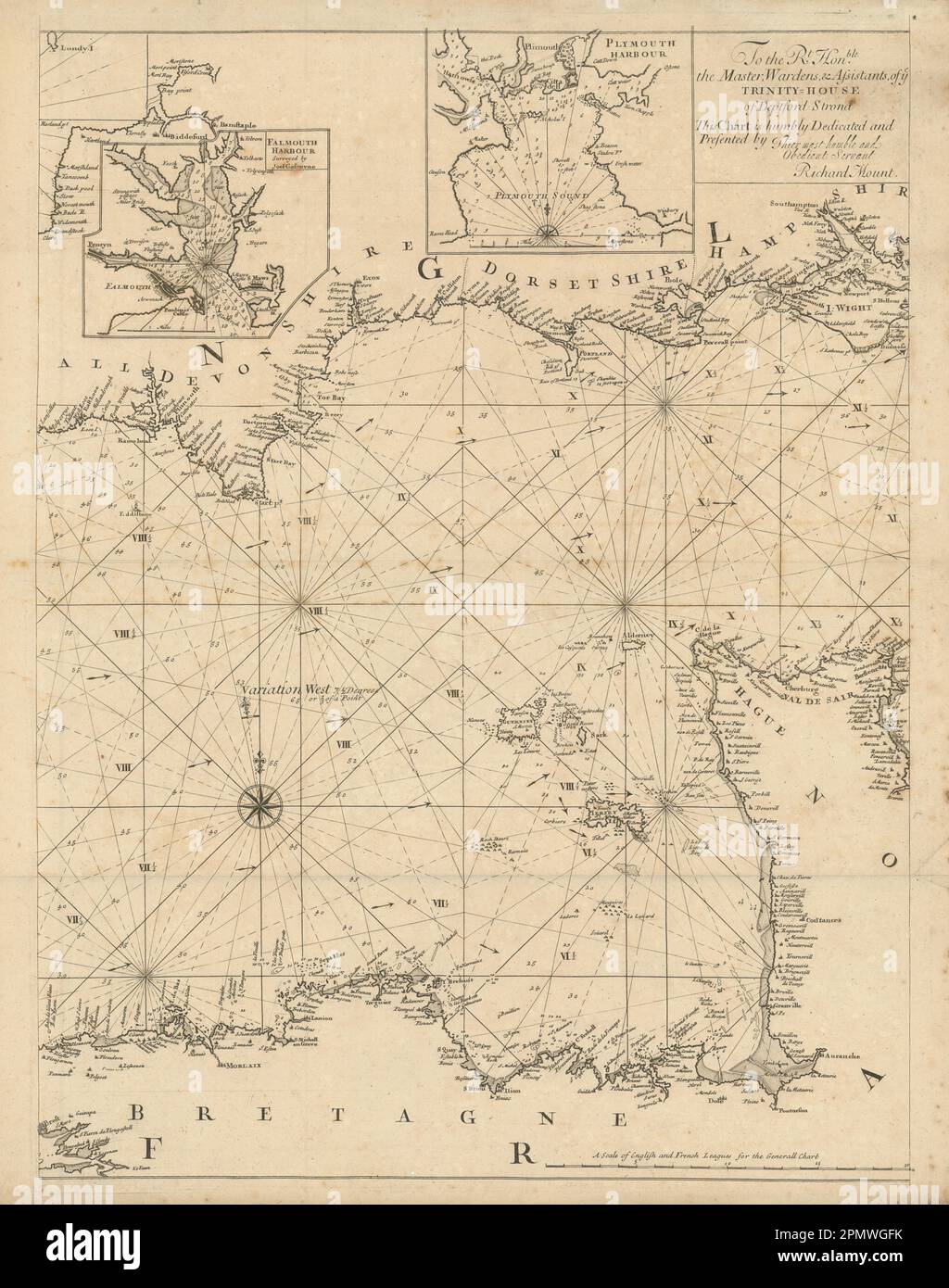 English Channel Islands Devon Dorset Brittany Plymouth Falmouth MOUNT 1702 mappa Foto Stock