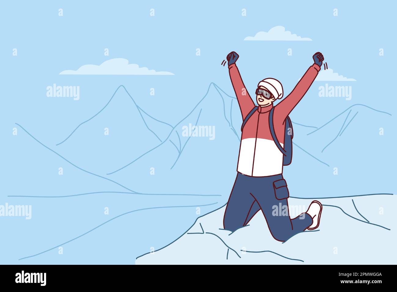 Ispirato viaggiatore uomo in piedi in cima alla montagna gioire di successo arrampicata Everest picco o nuovo record mondiale. Maschio turista alza le mani come segno di vittoria dopo la salita su duro per raggiungere il posto Illustrazione Vettoriale