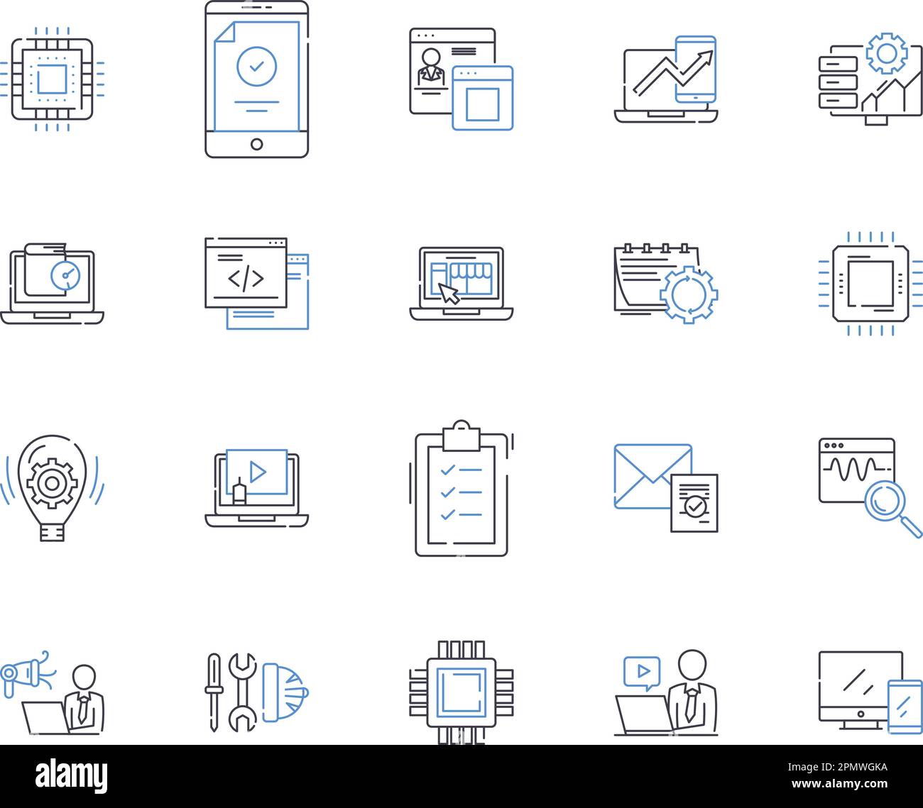 raccolta di icone di contorno per l'apprendimento automatico. Macchina, apprendimento, intelligenza artificiale, neurale, reti, algoritmo, vettore di dati e set di concetti di illustrazione. previsione Illustrazione Vettoriale