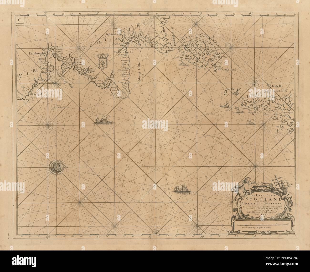 Costa orientale della Scozia, con le isole di Orkney e Shetland. MAPPA COLLINS 1693 Foto Stock
