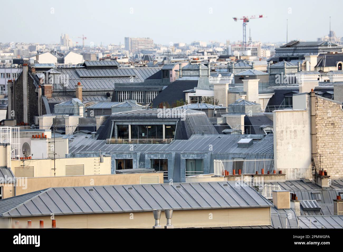 Un'intrigante foto aerea del fascino unico dei tetti metallici, che mostra il fascino architettonico distintivo di Parigi, Francia Foto Stock