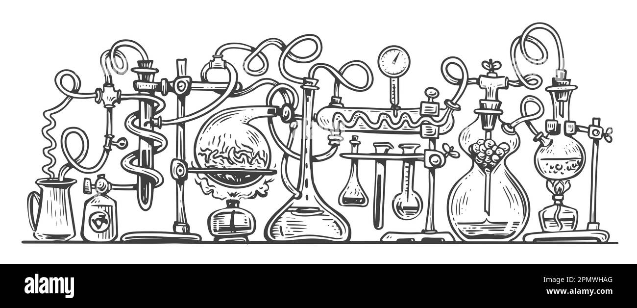 Illustrazione del concetto di ricerca e sviluppo in laboratorio scientifico. Matracci per prodotti chimici, miscelazione dei reagenti Foto Stock