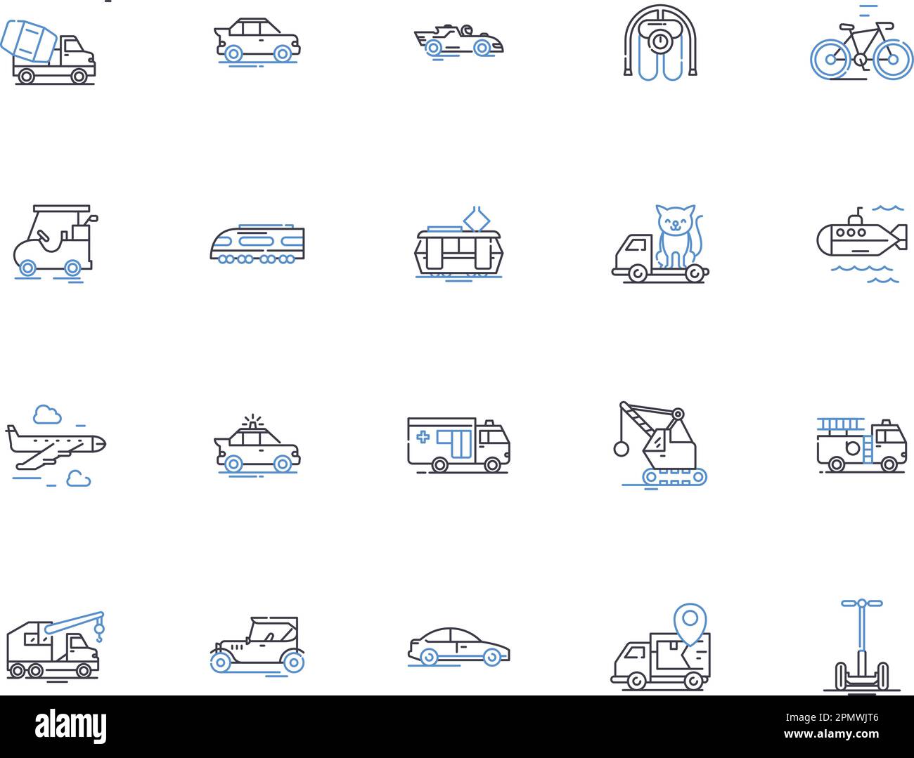 Trasporto contorno icone collezione. Treno, autobus, aereo, taxi, traghetto, Imbarcazione, Vector Automobile e set di concetti di illustrazione. Moto, Scooter Illustrazione Vettoriale