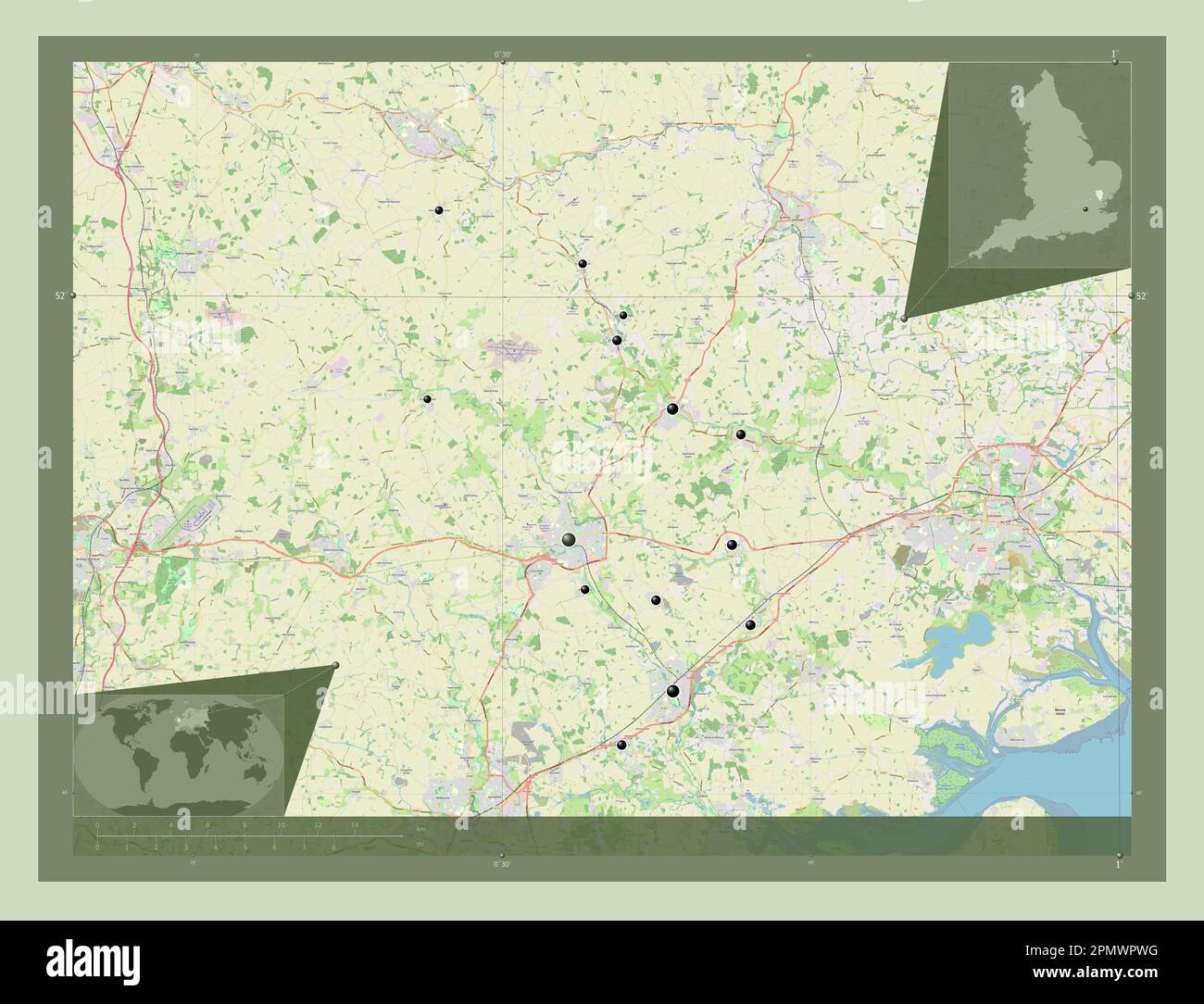 Braintree, distretto non metropolitano dell'Inghilterra - Gran Bretagna. Aprire la mappa stradale. Posizioni delle principali città della regione. Posizione ausiliaria ad angolo m Foto Stock