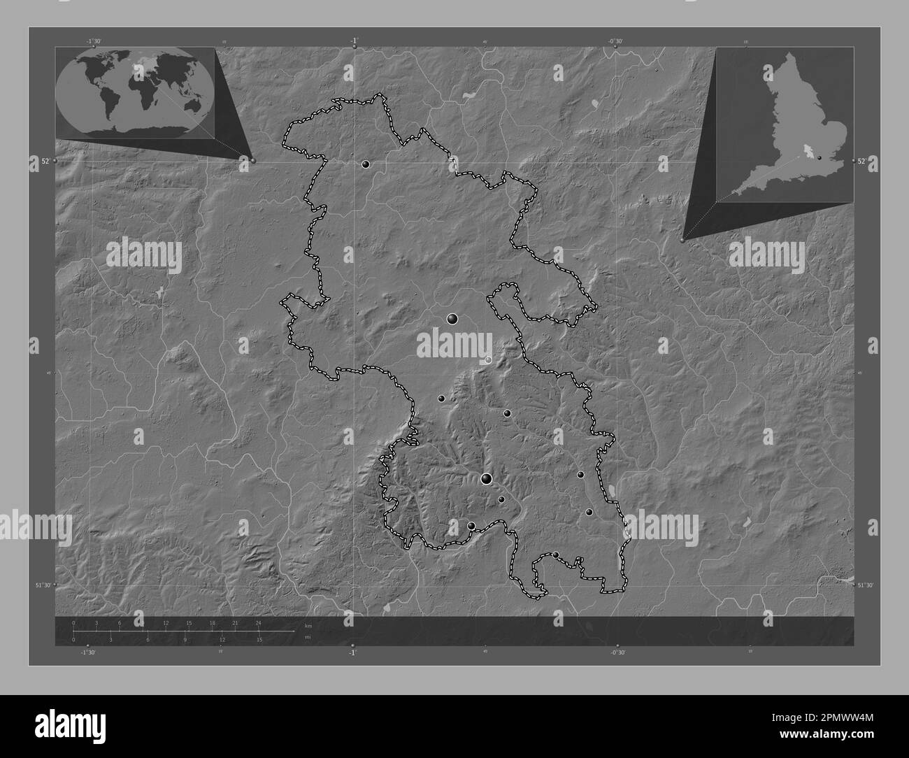 Buckinghamshire, contea amministrativa dell'Inghilterra - Gran Bretagna. Mappa altimetrica bilivello con laghi e fiumi. Posizioni delle principali città della regione Foto Stock