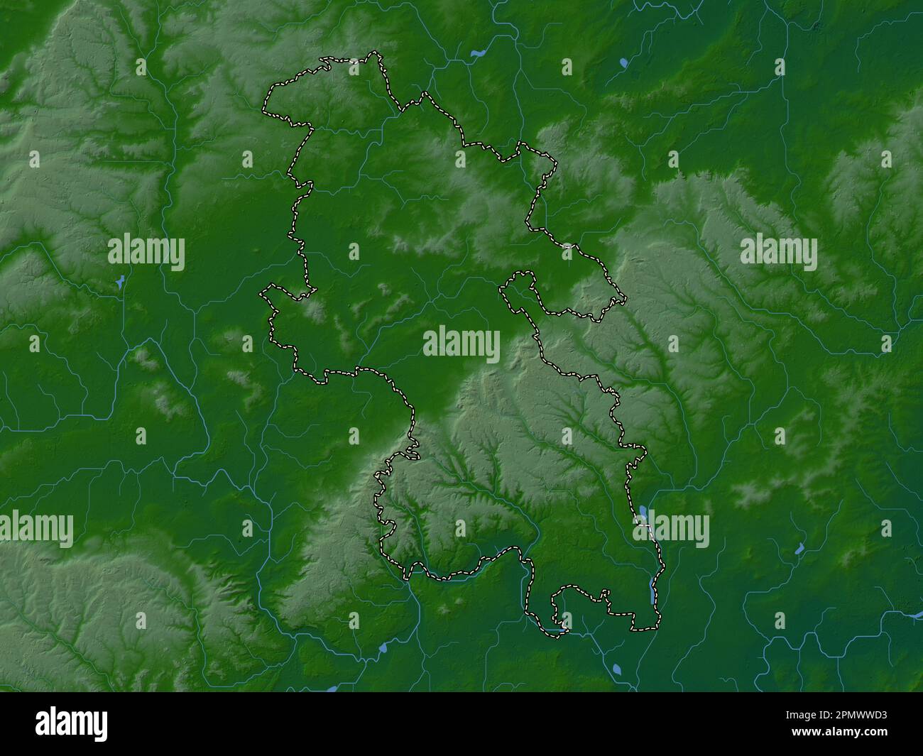 Buckinghamshire, contea amministrativa dell'Inghilterra - Gran Bretagna. Mappa di altitudine colorata con laghi e fiumi Foto Stock