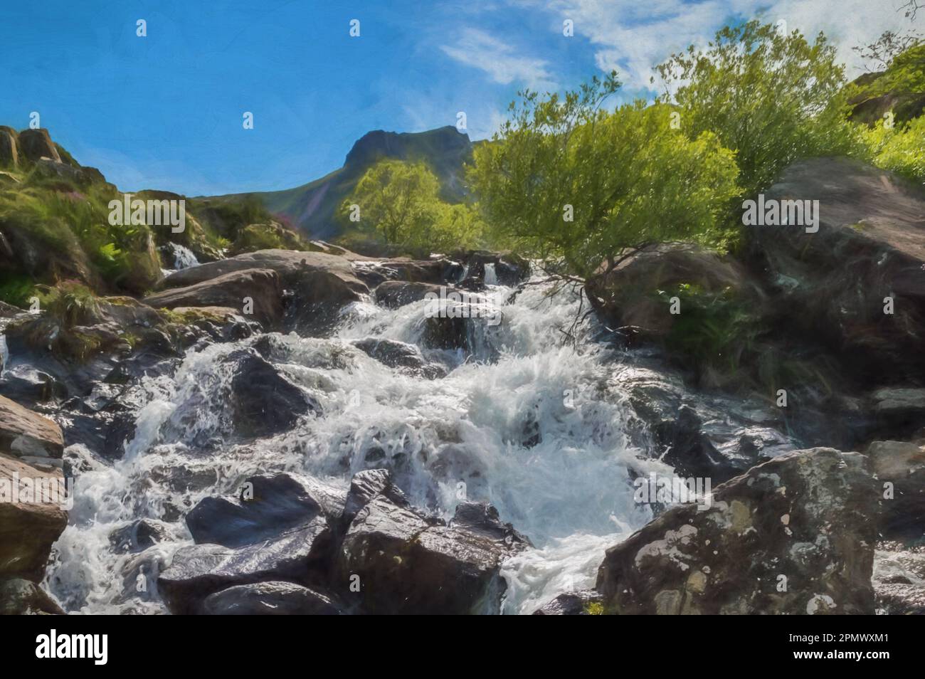 Pittura digitale di un idwal di Llyn una cascata che corre lungo la montagna a CWM Idwal situato nella Nant Ffrancon Valley, Galles, Regno Unito. Foto Stock