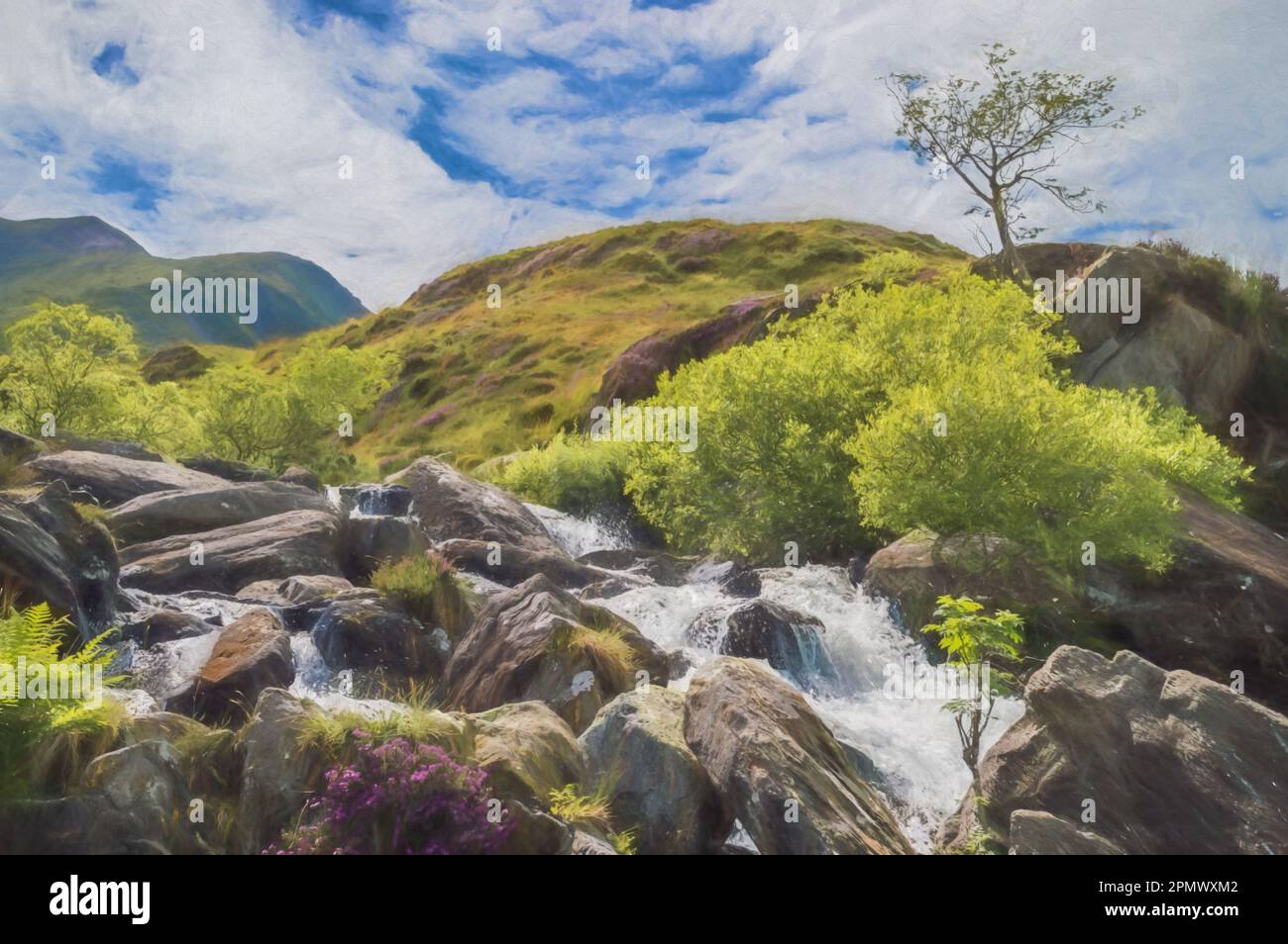 Pittura digitale di un idwal di Llyn una cascata che corre lungo la montagna a CWM Idwal situato nella Nant Ffrancon Valley, Galles, Regno Unito. Foto Stock