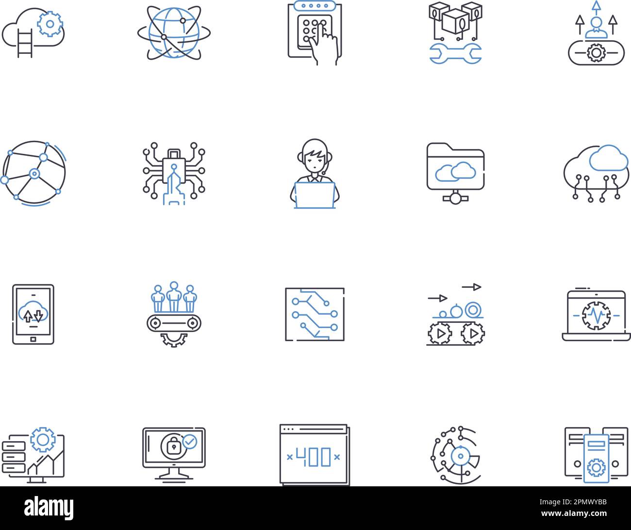 Le icone del server delineano la raccolta di icone. Server, icone, rete, computing, sistema, Computer, vettore cloud e set di concetti di illustrazione. Macchina, dati Illustrazione Vettoriale