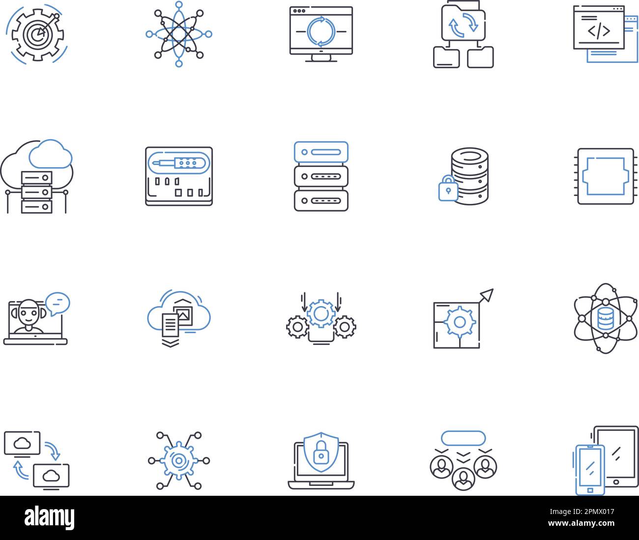 Le icone del server delineano la raccolta di icone. Server, icone, rete, computing, sistema, Computer, vettore cloud e set di concetti di illustrazione. Macchina, dati Illustrazione Vettoriale