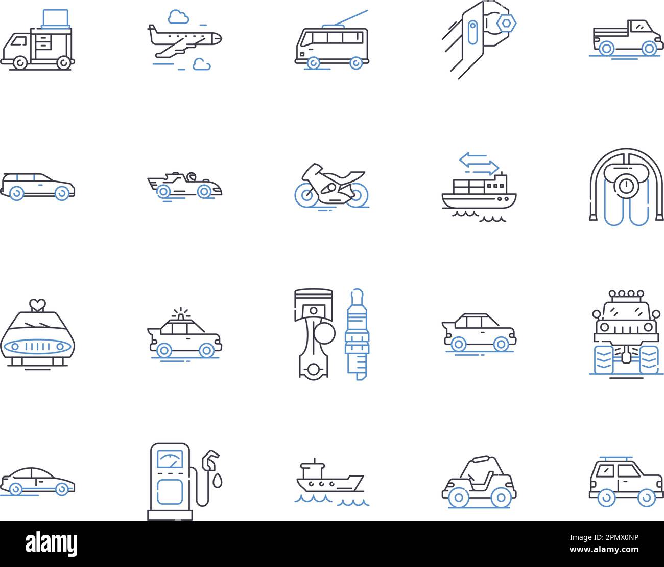 Trasporto e posizione delineare la collezione di icone. Trasporto, posizione, viaggio, viaggio, spedizione, Spostamento, vettore espresso e set di concetti di illustrazione Illustrazione Vettoriale