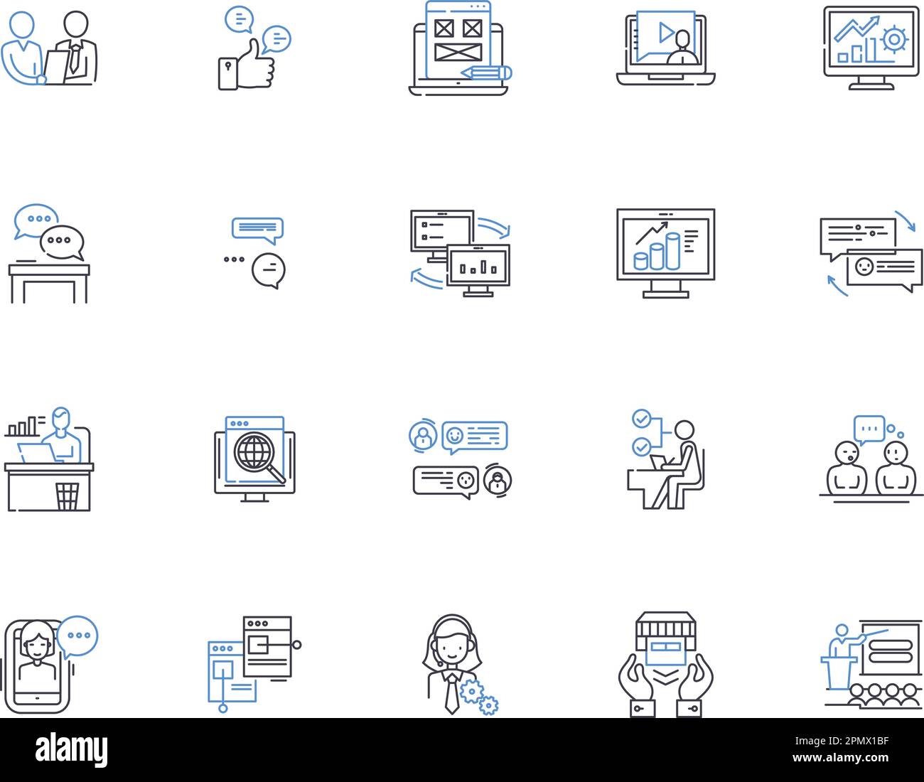 Online persone delineare la raccolta di icone. Persone, online, networking, comunità, connessione, Chat, vettore utenti e set di concetti di illustrazione. Interagisci Illustrazione Vettoriale