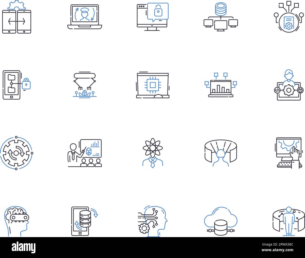Le icone del server delineano la raccolta di icone. Server, icone, rete, computing, sistema, Computer, vettore cloud e set di concetti di illustrazione. Macchina, dati Illustrazione Vettoriale