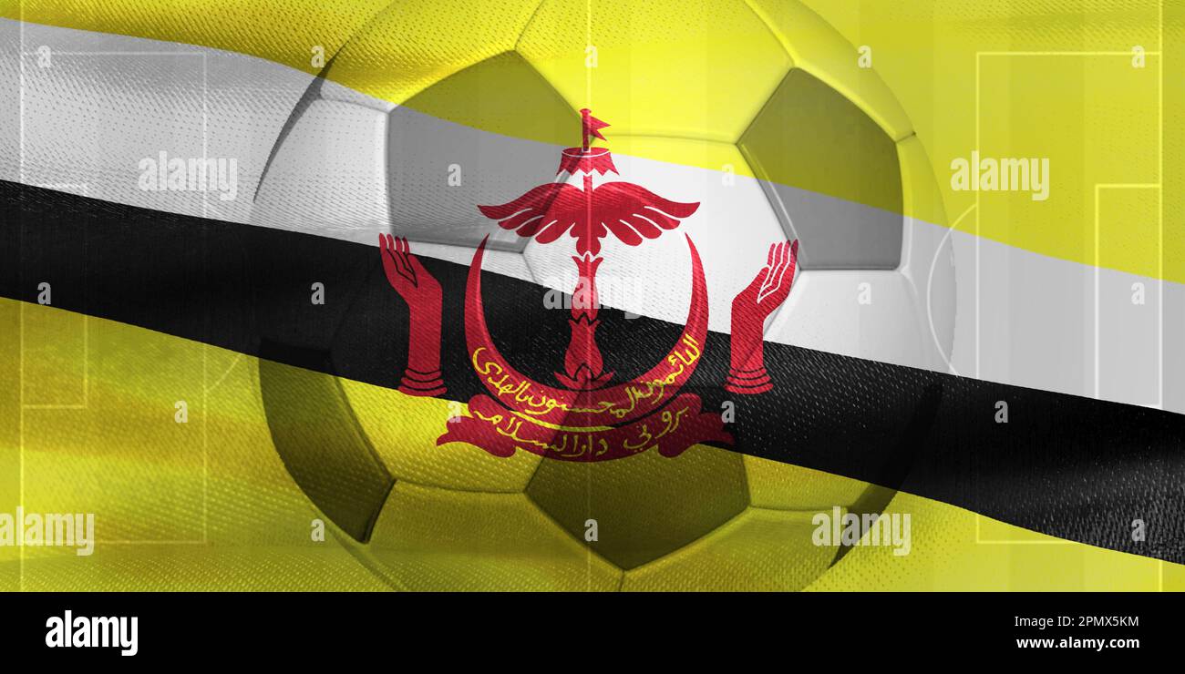 Una foto di una bandiera Brunei ondulata con un profilo a forma di palla da calcio al centro Foto Stock