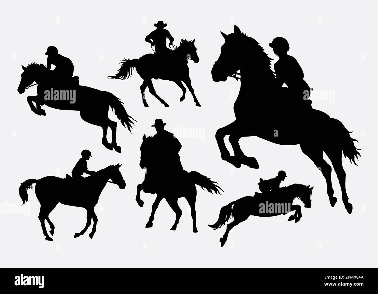 Uomini e donne che cavalcano le silhouette di azione di sport a cavallo Illustrazione Vettoriale