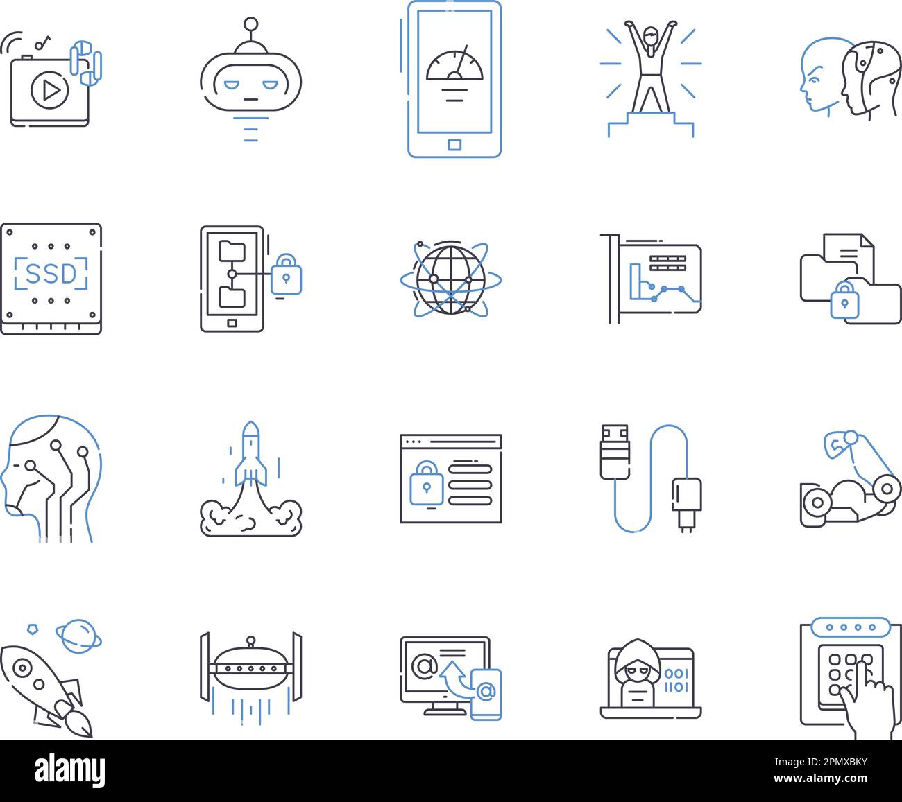 Intelligenza artificiale delineare la raccolta di icone. Intelligenza artificiale, deep learning, apprendimento automatico, robotica, reti neurali, elaborazione del linguaggio naturale Illustrazione Vettoriale