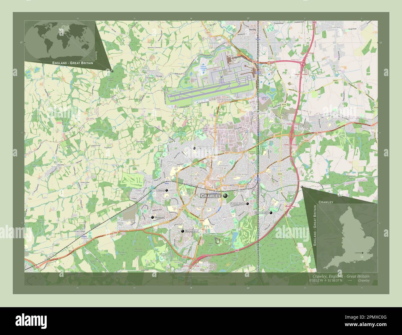 Crawley, distretto non metropolitano dell'Inghilterra - Gran Bretagna. Aprire la mappa stradale. Località e nomi delle principali città della regione. Angolo ausiliario basso Foto Stock