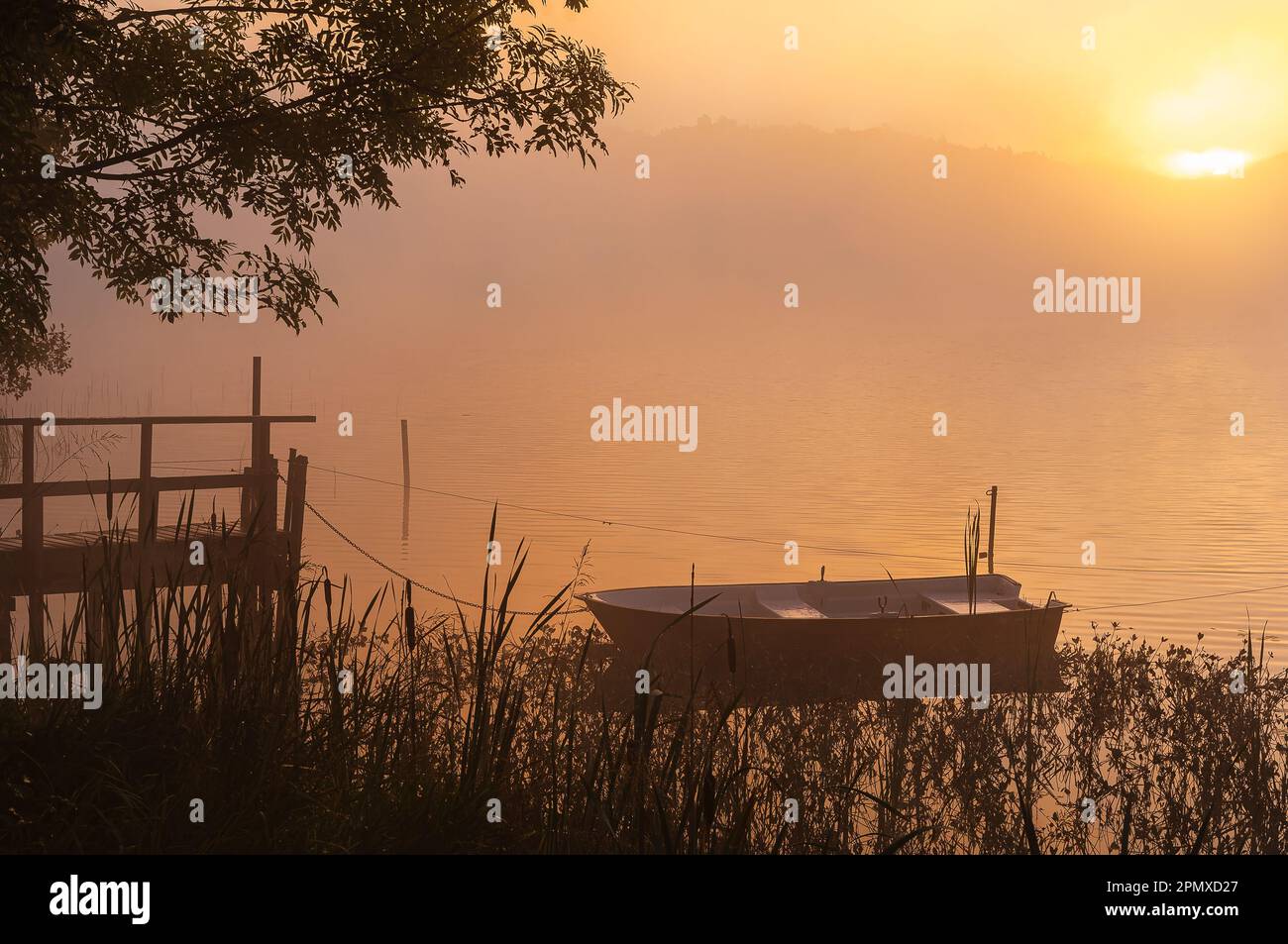 Una mattina misteriosa in Svezia rivela una tranquilla barca ormeggiata sullo sfondo del tranquillo cielo all'alba, del sole e della natura lussureggiante. Foto Stock