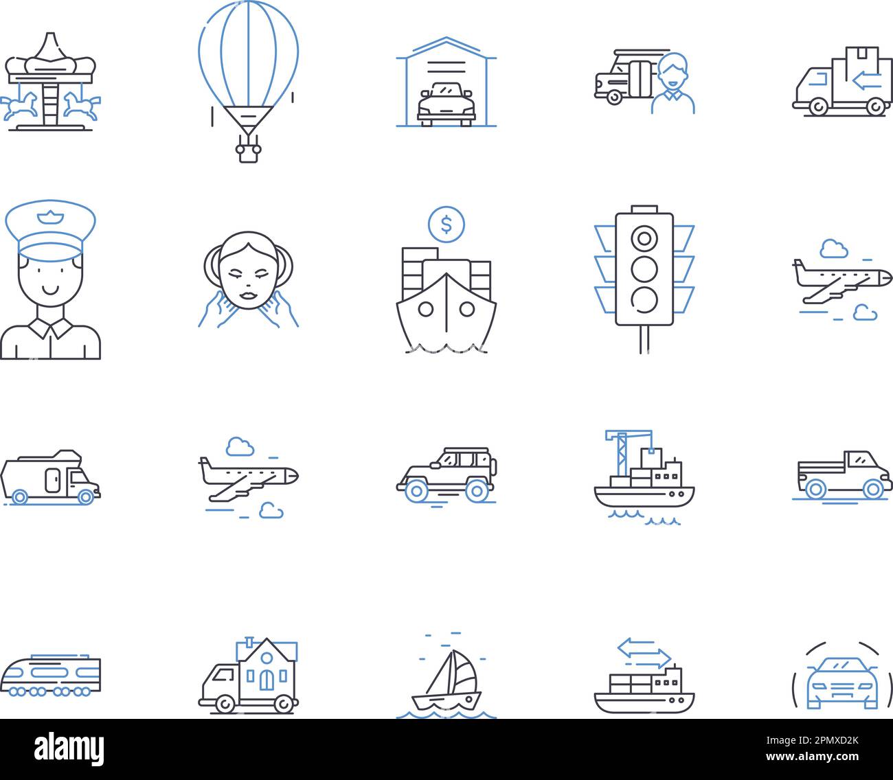 Trasporto e tour delineano la collezione di icone. Trasporti, Tour, Viaggi, Bus, Taxi, Set di concetti per auto, ferrovie e illustrazioni. Volo, compagnia aerea, crociera Illustrazione Vettoriale