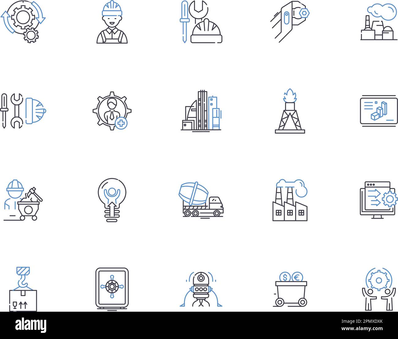 La tecnologia del settore illustra la raccolta di icone. Industria, tecnologia, produzione, automazione, robotica, Intelligenza artificiale, vettore di apprendimento automatico e illustrazione Illustrazione Vettoriale