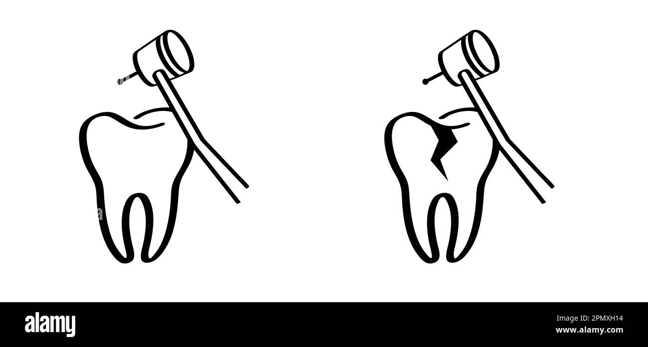 Dentale o dentale per clinica dentale. Dente cartoon con gengive e drill, logo molare. Danneggiare la spazzola per denti o la spazzola per denti con carie. M Foto Stock