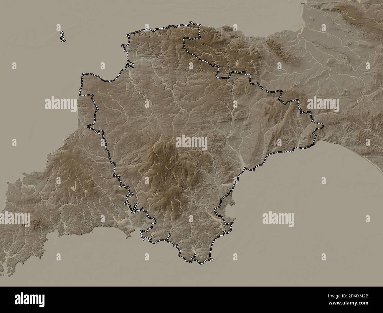 Devon, contea amministrativa dell'Inghilterra - Gran Bretagna. Mappa dell'altitudine colorata in tonalità seppia con laghi e fiumi Foto Stock