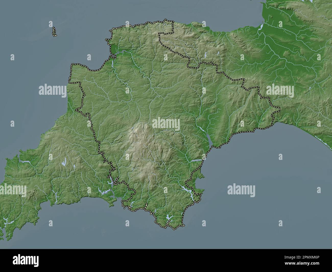 Devon, contea amministrativa dell'Inghilterra - Gran Bretagna. Mappa dell'altitudine colorata in stile wiki con laghi e fiumi Foto Stock