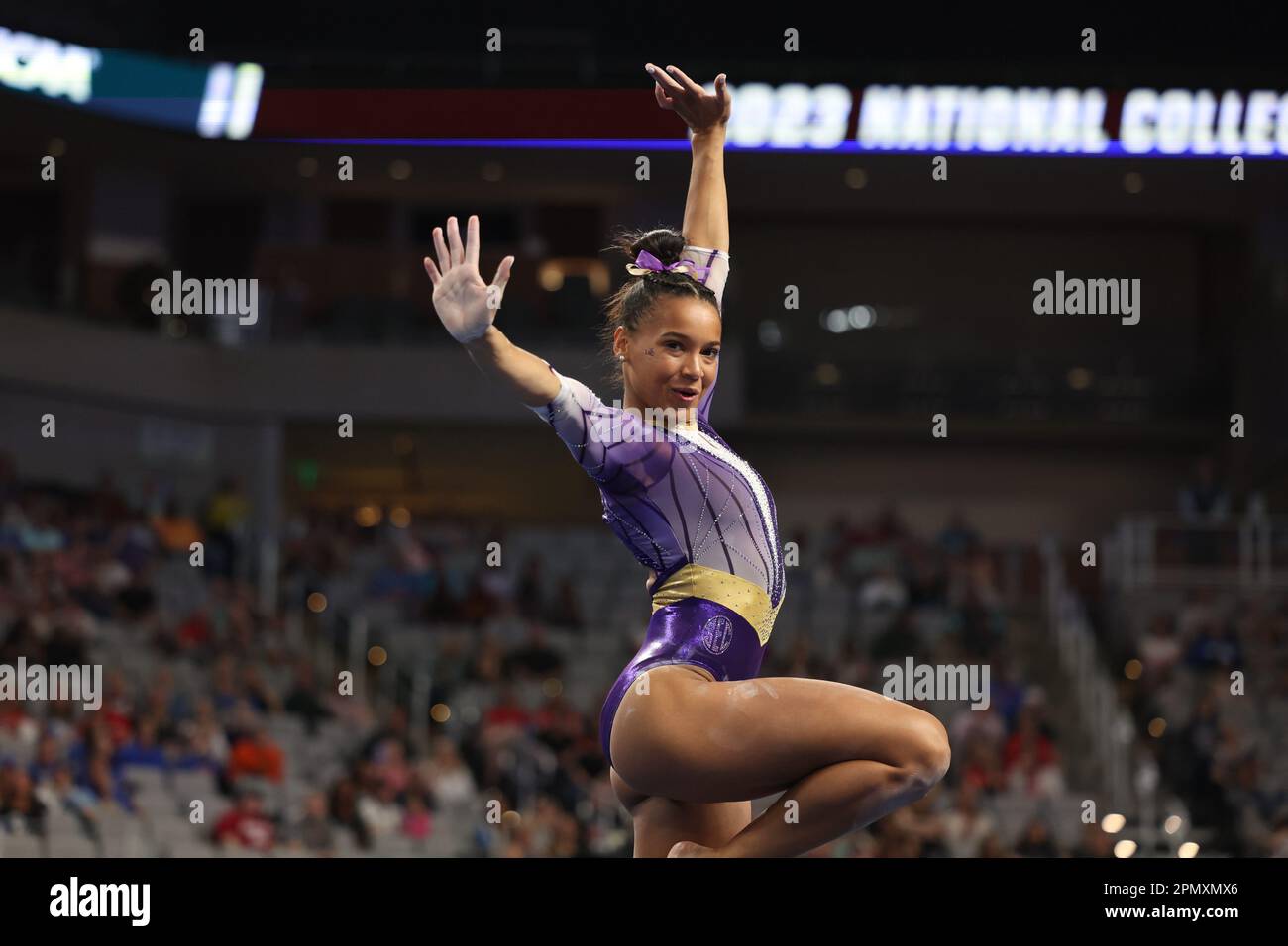 13 aprile 2023: Haleigh Bryant (LSU) durante la 2023 NCAA National Collegiate Women's Gymnastics Championships Semifinal 1 alla Dickies Arena di Fort Worth, Texas. Perenson/Cal Sport Media (Credit Image: © Melissa J. Perenson/Cal Sport Media) Foto Stock