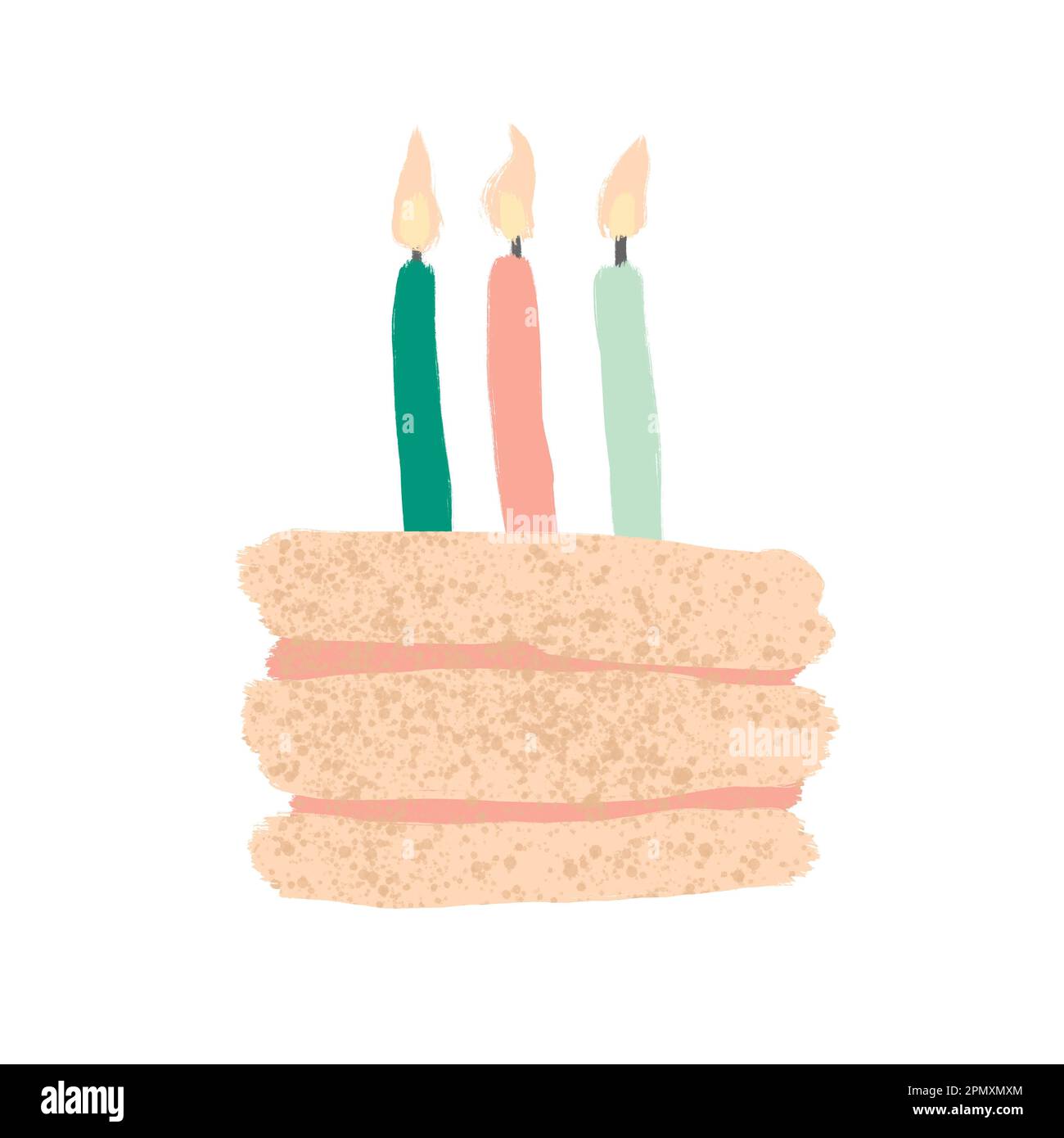 Illustrazione disegnata a mano di torta con candele di compleanno verde arancio menta su sfondo bianco. Festa decorazione celebrazione, carta da imballaggio per regali regali regali, pastello divertente sfondo felice in stile moderno schizzo, saluti bday Foto Stock