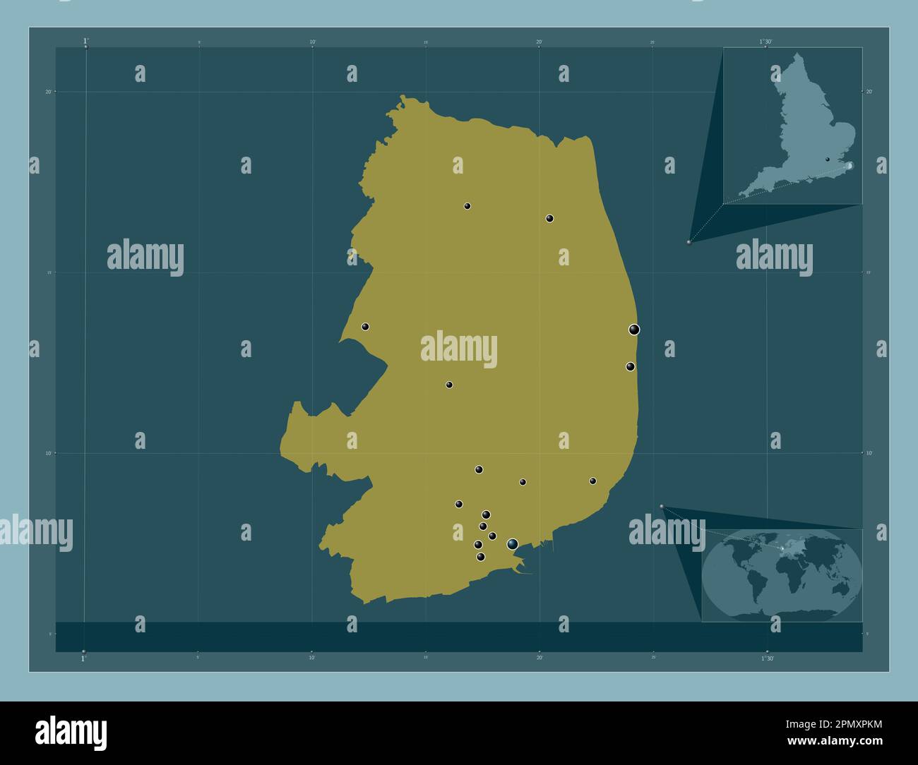 Dover, distretto non metropolitano dell'Inghilterra - Gran Bretagna. Forma a tinta unita. Posizioni delle principali città della regione. Mappa della posizione ausiliaria ad angolo Foto Stock