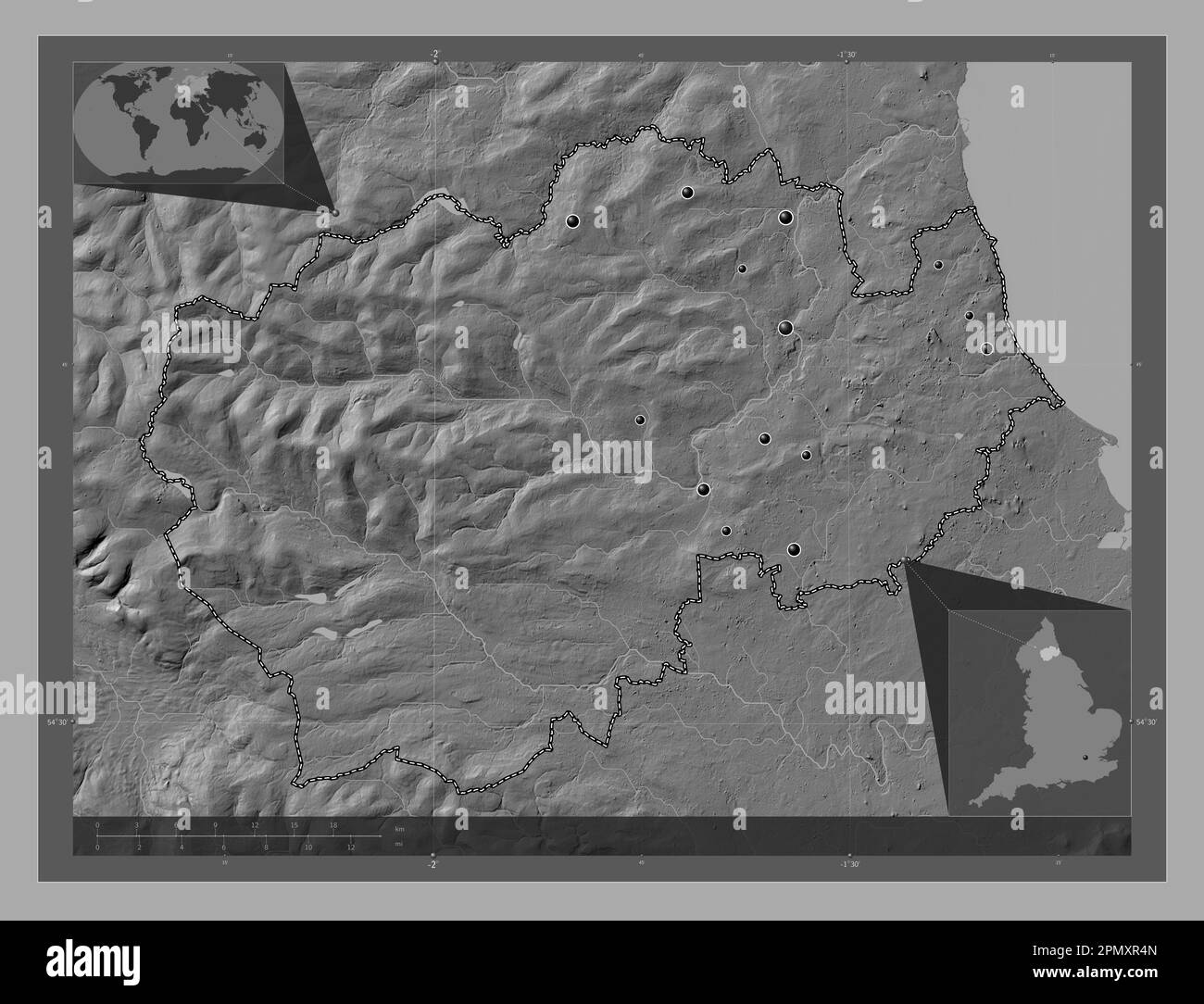 Contea di Durham, contea amministrativa dell'Inghilterra - Gran Bretagna. Mappa altimetrica bilivello con laghi e fiumi. Posizioni delle principali città della regione. Foto Stock