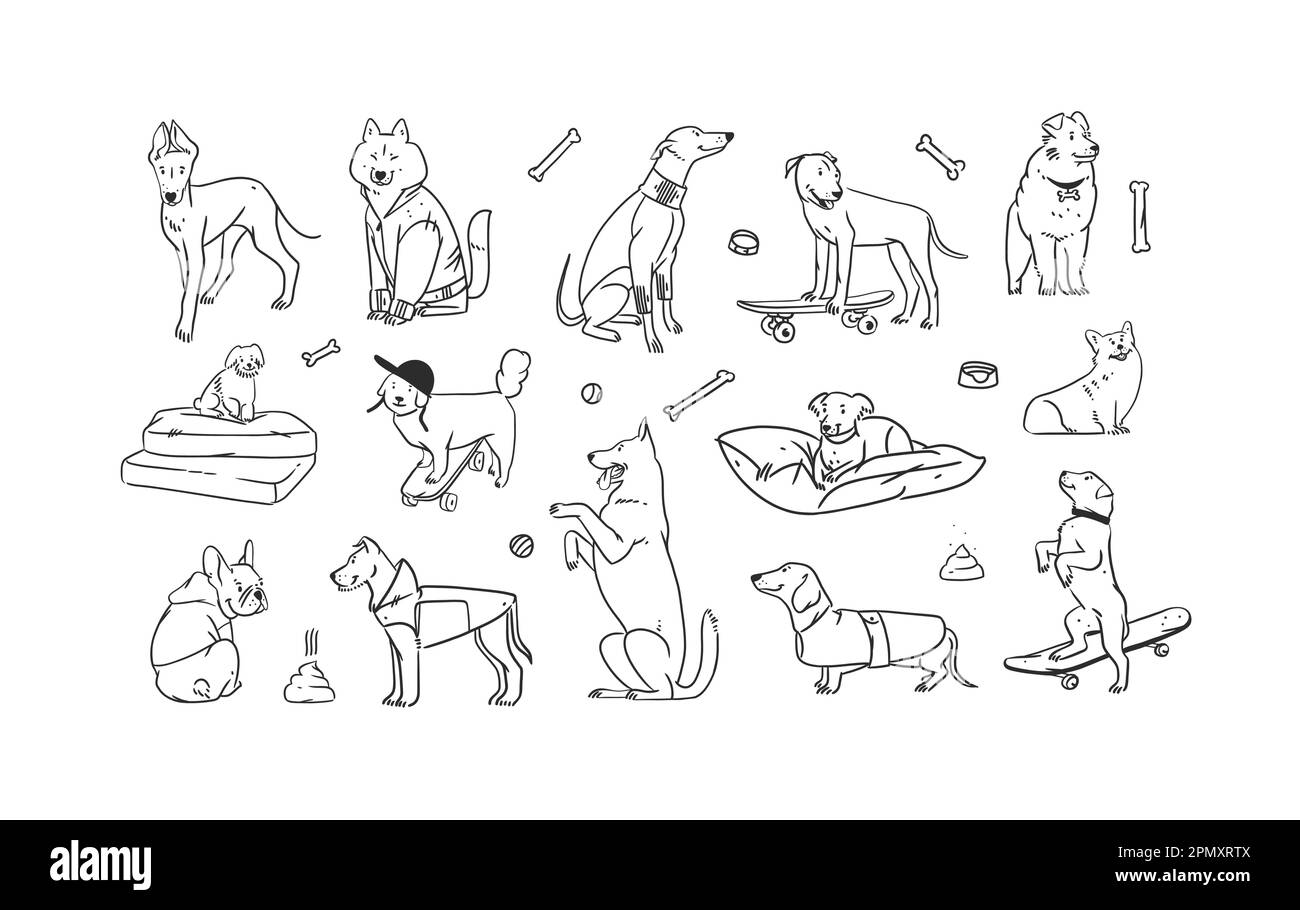 Disegno a mano vettore astratto linea grafica insieme con diversi simpatici simpatici cani characters.Vector illustrazione di divertente cartone animato diverso Illustrazione Vettoriale