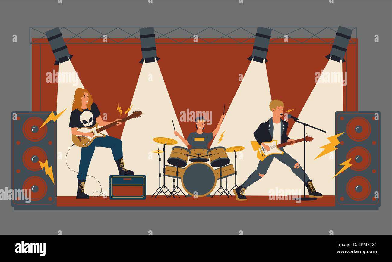 Concerto rock. Band metal che suona musica dal vivo sul palco illuminato da luci spot. Festival musicale giovanile. Fumetti gente di stile piatto che canta con il microfono. Gruppo vettoriale di concetto di musicisti moderni Illustrazione Vettoriale