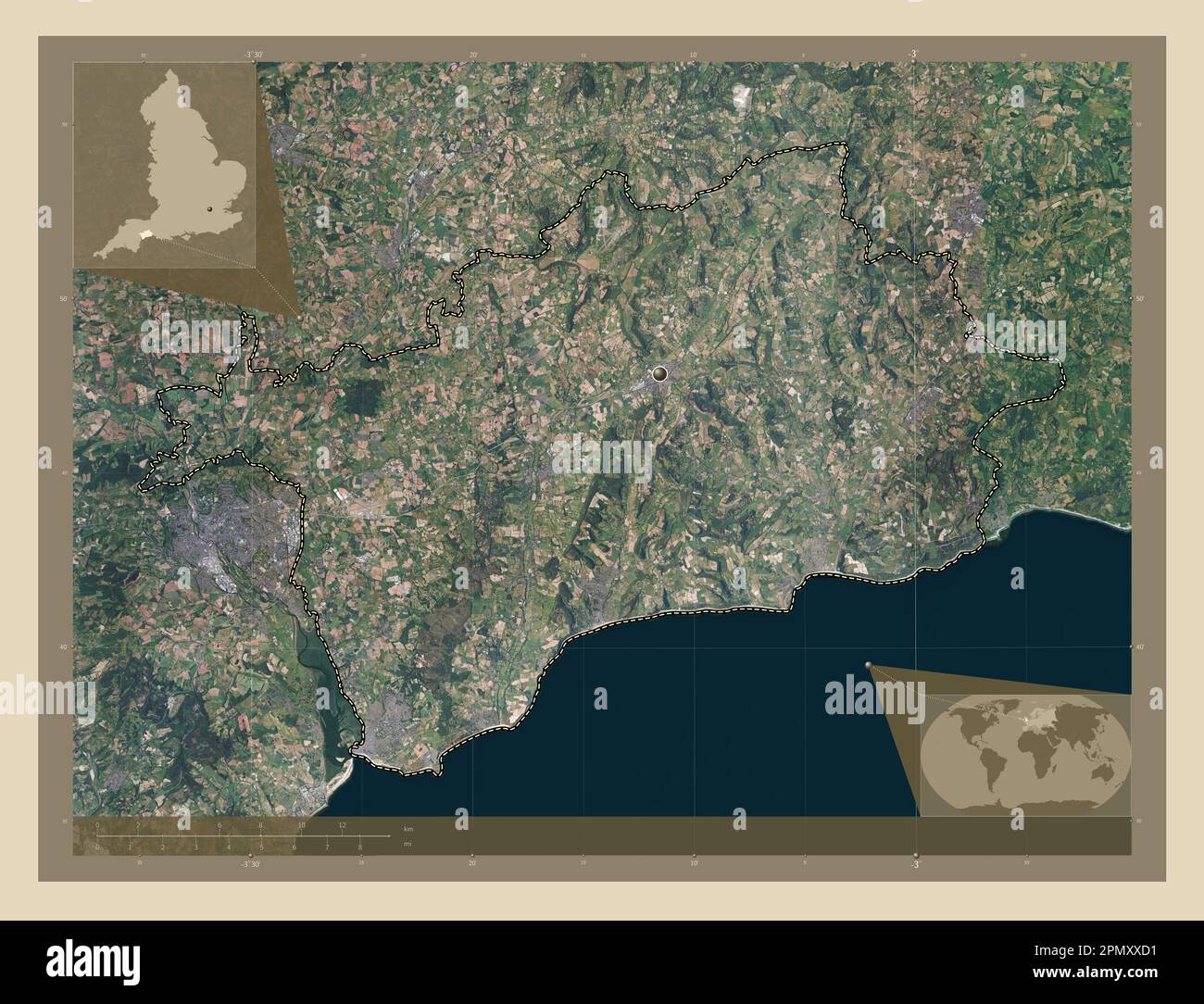 East Devon, distretto non metropolitano dell'Inghilterra - Gran Bretagna. Mappa satellitare ad alta risoluzione. Mappe delle posizioni ausiliarie degli angoli Foto Stock