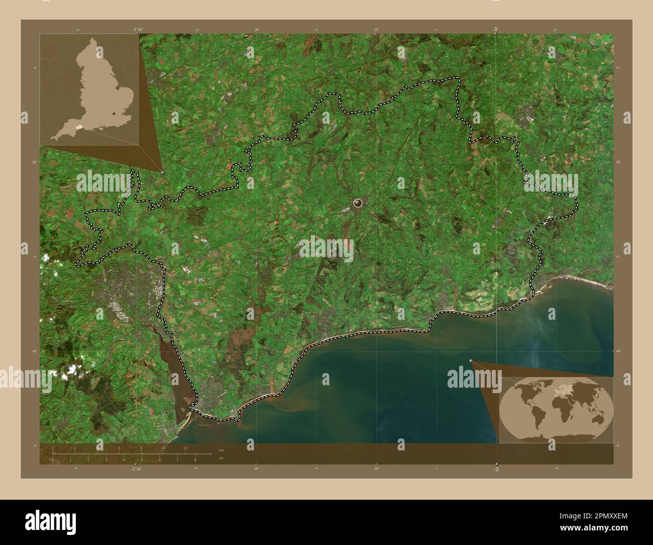 East Devon, distretto non metropolitano dell'Inghilterra - Gran Bretagna. Mappa satellitare a bassa risoluzione. Mappe delle posizioni ausiliarie degli angoli Foto Stock