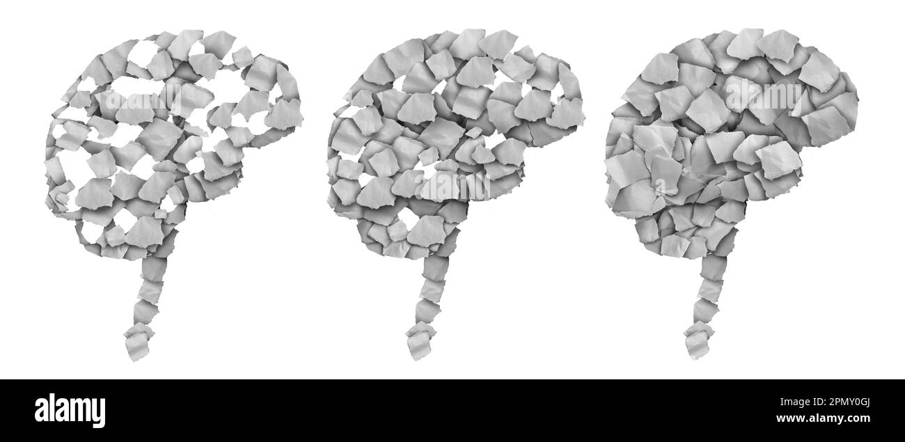 Invertire la malattia di Alzheimer e il trattamento di demenza inversa o la malattia di memoria cerebrale di Alzheimer come carta strappata con un cervello in recupero e neur Foto Stock