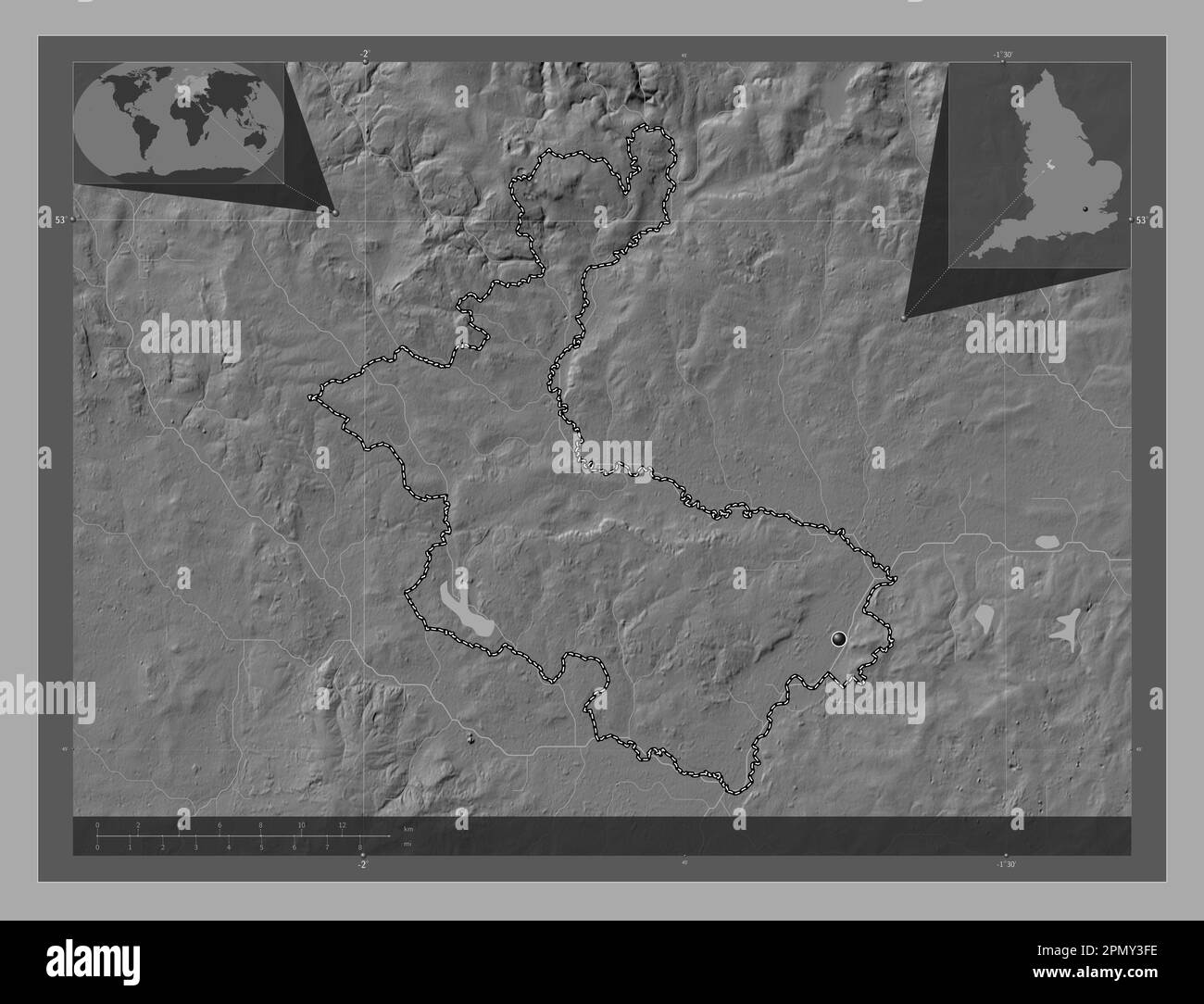 East Staffordshire, distretto non metropolitano dell'Inghilterra - Gran Bretagna. Mappa altimetrica bilivello con laghi e fiumi. Mappe delle posizioni ausiliarie degli angoli Foto Stock