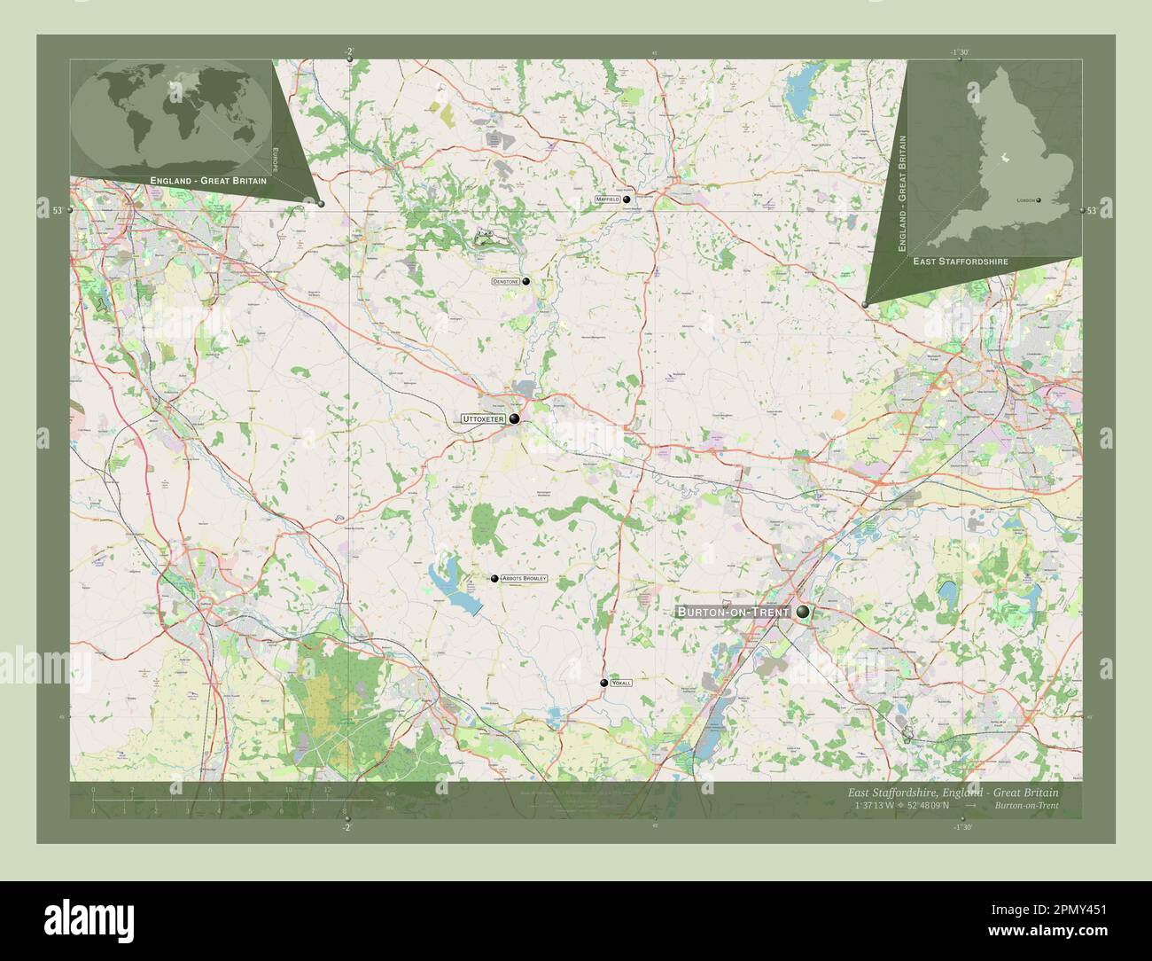 East Staffordshire, distretto non metropolitano dell'Inghilterra - Gran Bretagna. Aprire la mappa stradale. Località e nomi delle principali città della regione. Angolo a Foto Stock