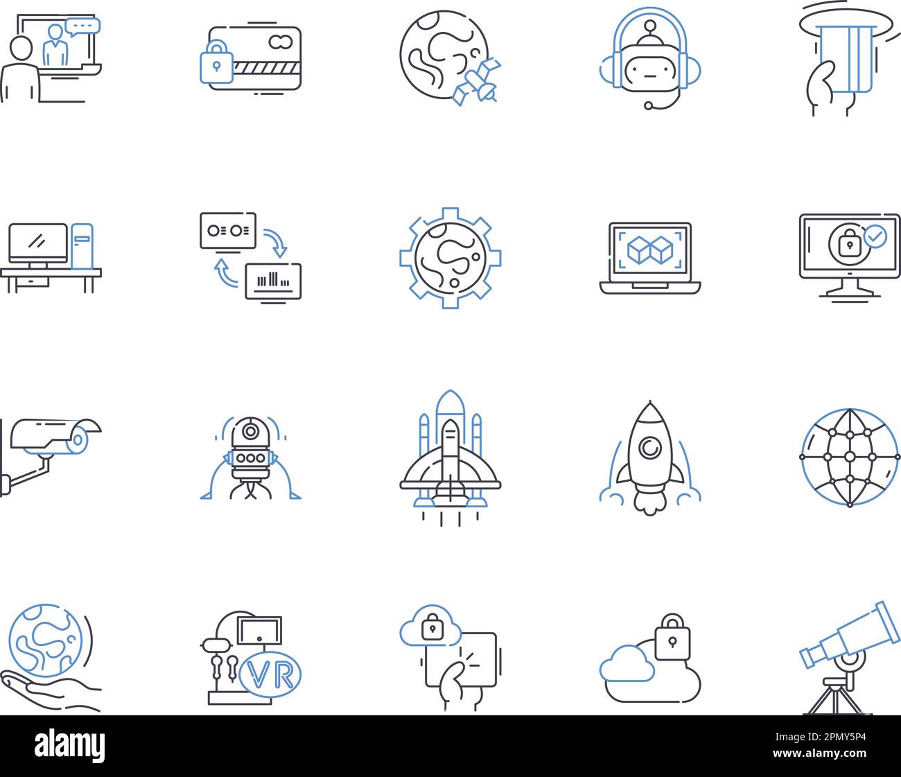 Intelligenza artificiale delineare la raccolta di icone. Intelligenza artificiale, deep learning, apprendimento automatico, robotica, reti neurali, elaborazione del linguaggio naturale Illustrazione Vettoriale