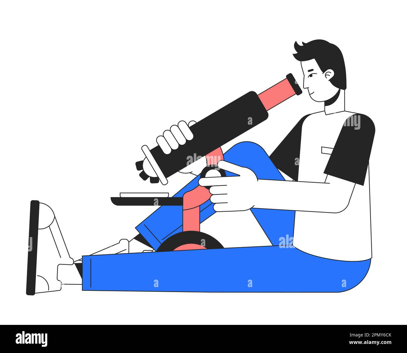 Ricercatore di laboratorio maschile con carattere vettoriale a linea piatta al microscopio Illustrazione Vettoriale