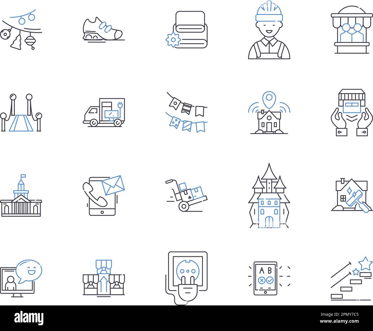 I centri comunitari delineano la collezione di icone. Comunità, Centri, Comunità-Centri, Divertimento, attività, Incontri, classi vettore e illustrazione Illustrazione Vettoriale