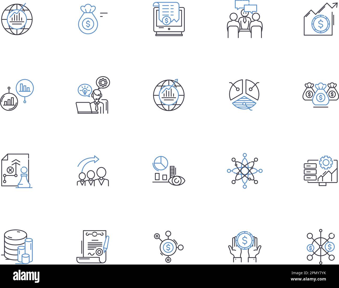 Economy contorno icone collezione. Finanza, mercato, ricchezza, capitale, banche, fatturato, vettore commerciale e set di concetti di illustrazione. crescita, stock Illustrazione Vettoriale