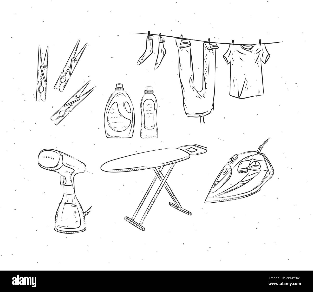 Accessori per stirare e lavare, spilla, stemella, ferro da stiro, ferro e asse da stiro, disegno in polvere, balsamo, lino, lavaggio, sapone in stile grafico Illustrazione Vettoriale
